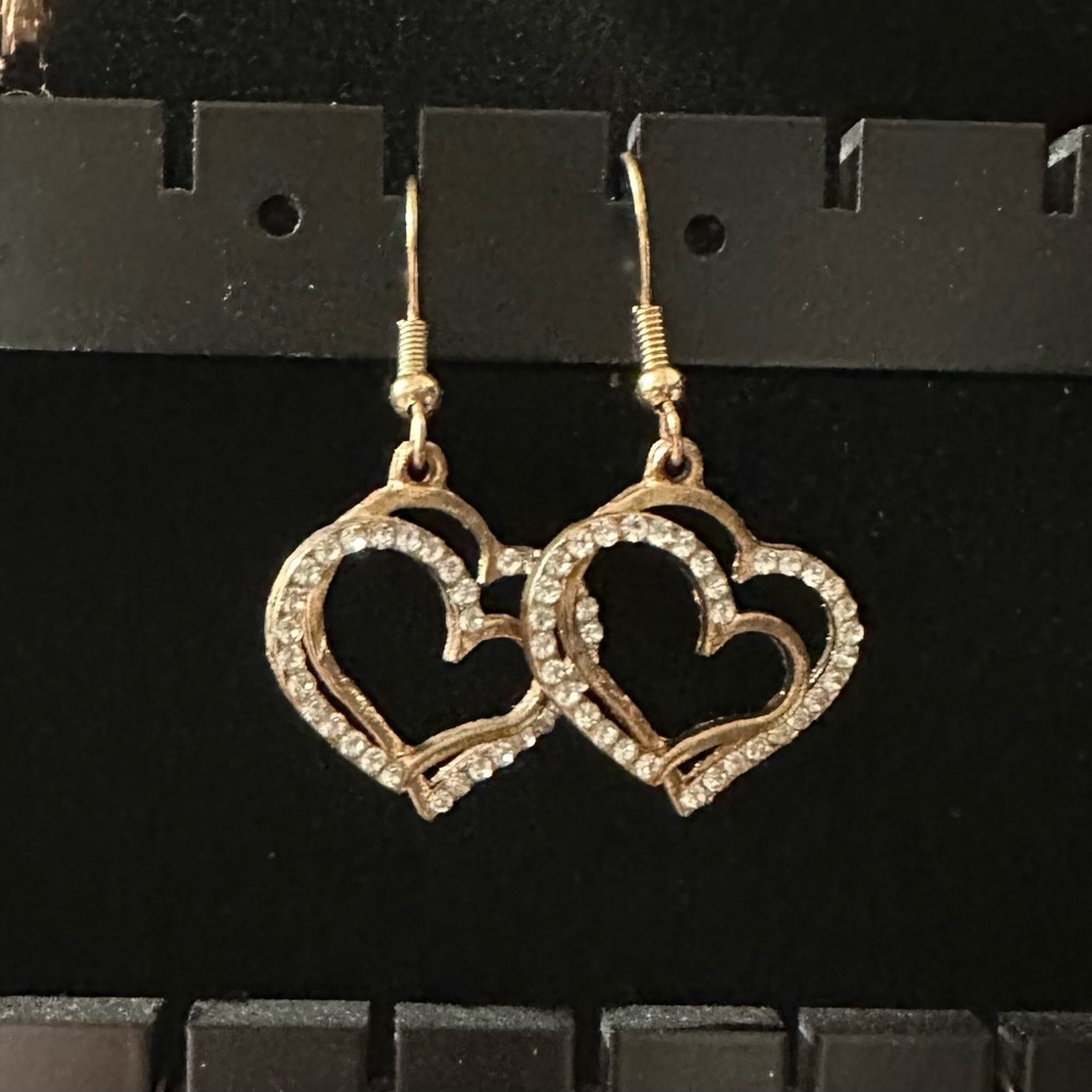 Gold Heart Earrings with Crystals